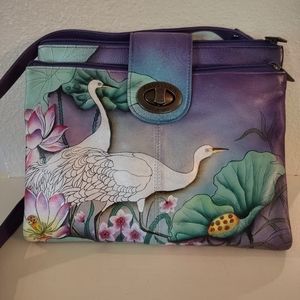 AS NEW w/Tags Anuschka Hand Painted Leather Expandable Crossbody Bag Cranes Bird